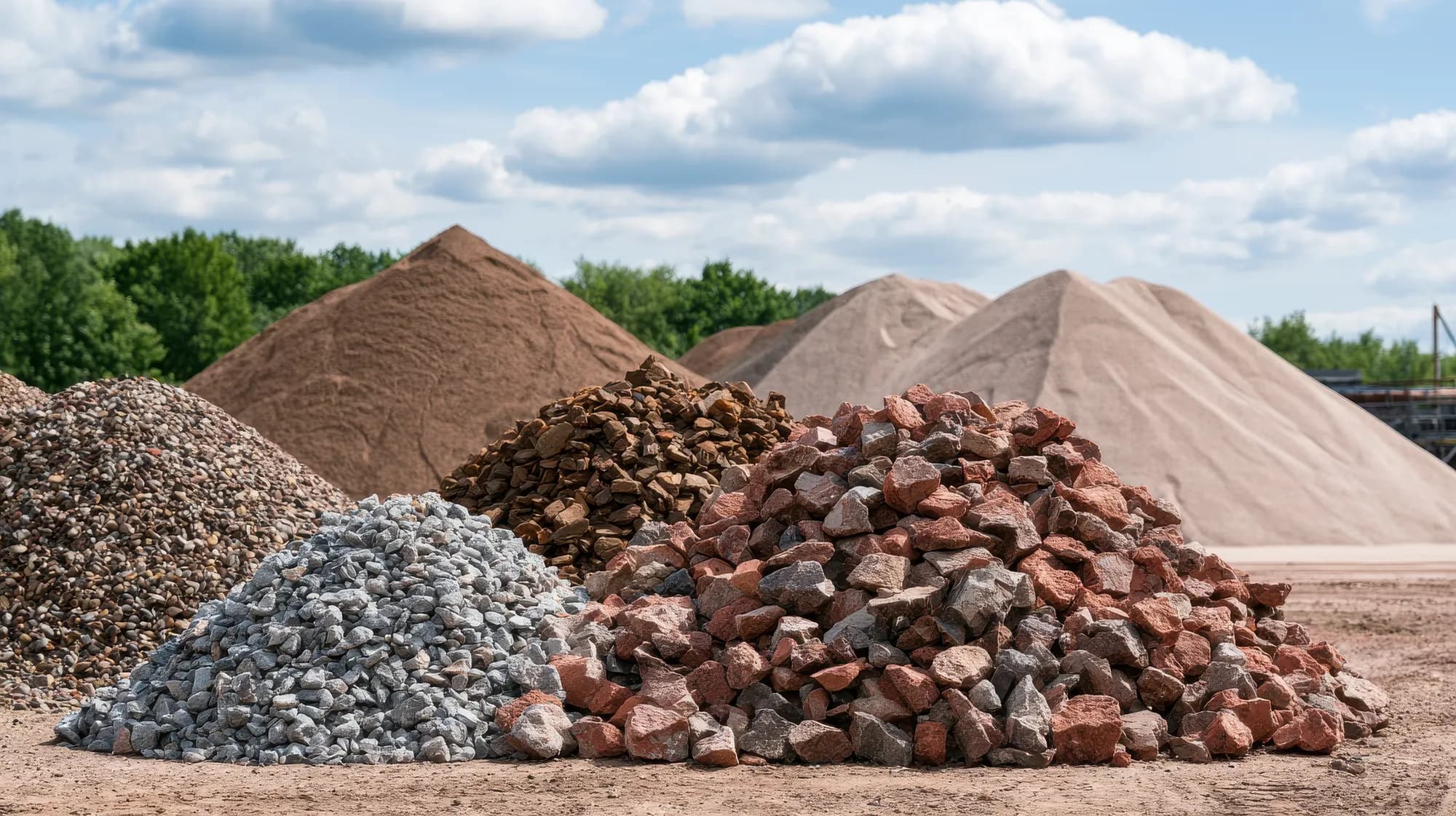 Bulk decorative rock and landscape material piles