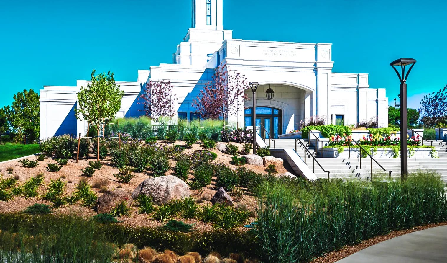 Boulder and planting installation at the temple entry